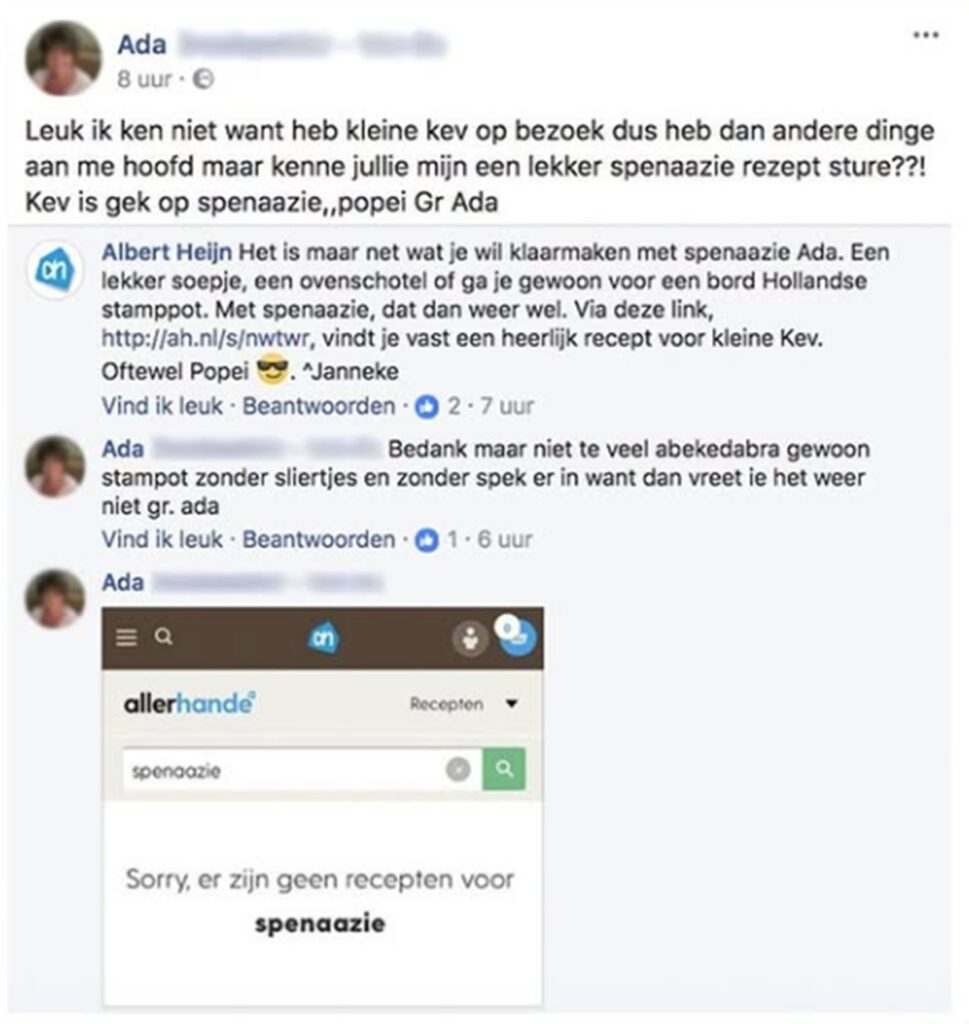 Ada vraagt AH om hulp omdat ze geen 'spenaazie'-recepten kan vinden...