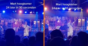Terug van weggeweest: Mart Hoogkamer ondergaat bierdouche tijdens eerste optreden