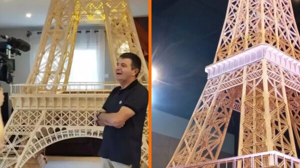 Man bouwt 8 jaar lang 7m Eiffeltoren van luciferstokjes, Guinness Record wordt toch afgewezen