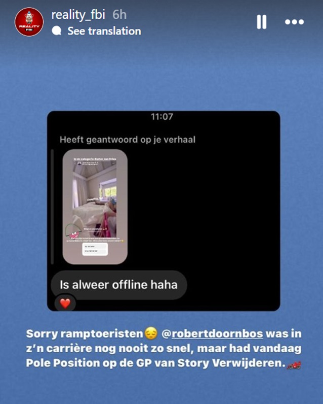 Robert Doorbos zet per ongeluk video van voorgevel vriendin Chantal op Instagram
