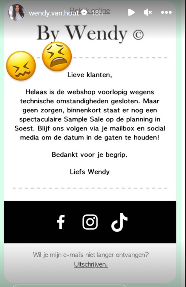Webshop van Wendy van Hout in de problemen: 'Winkel per direct offline'