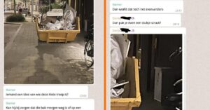Man is boos omdat er een puincontainer midden op de stoep staat