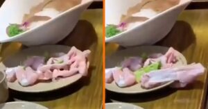 Angstaanjagende scène: 'Zombie'-vlees beweegt vanzelf op het bord van een geschrokken restaurantbezoeker