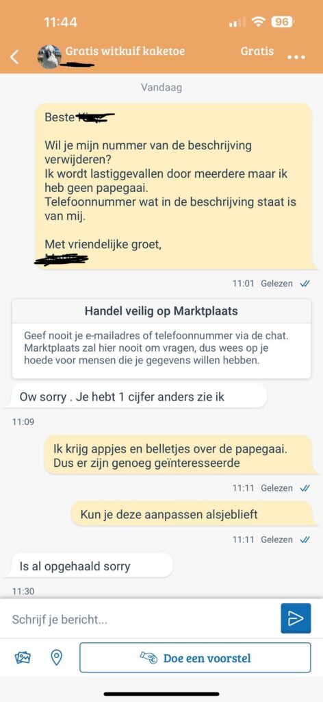 Marktplaats-advertentie voor papegaai