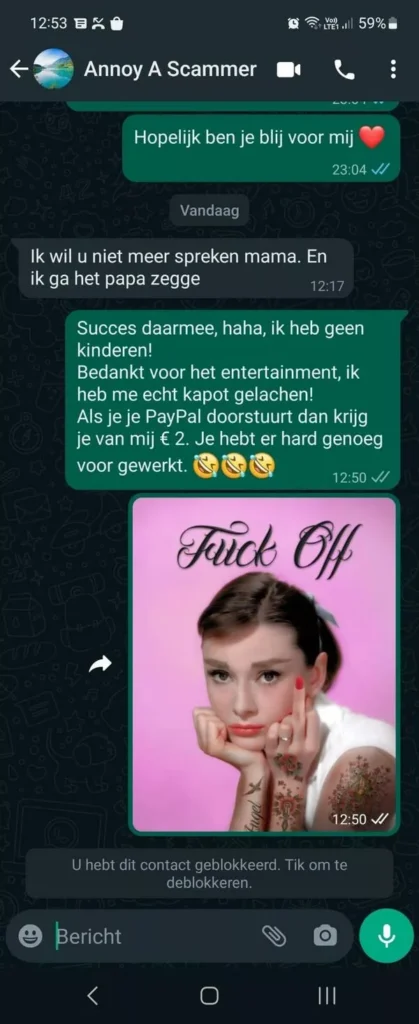 'Moeder' drijft Whatsapp-oplichter compleet tot wanhoop door hem dagenlang aan het lijntje te houden
