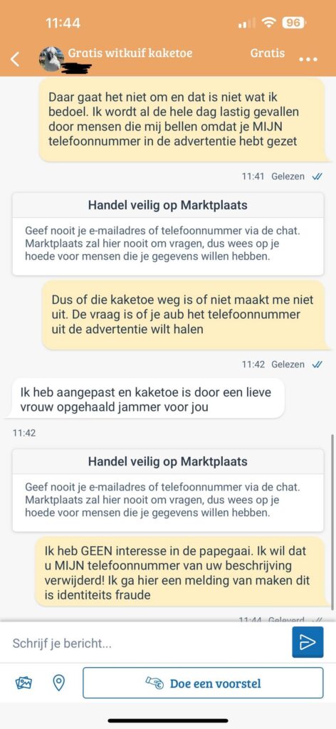 Fout telefoonnummer in Marktplaats-advertentie voor papegaai