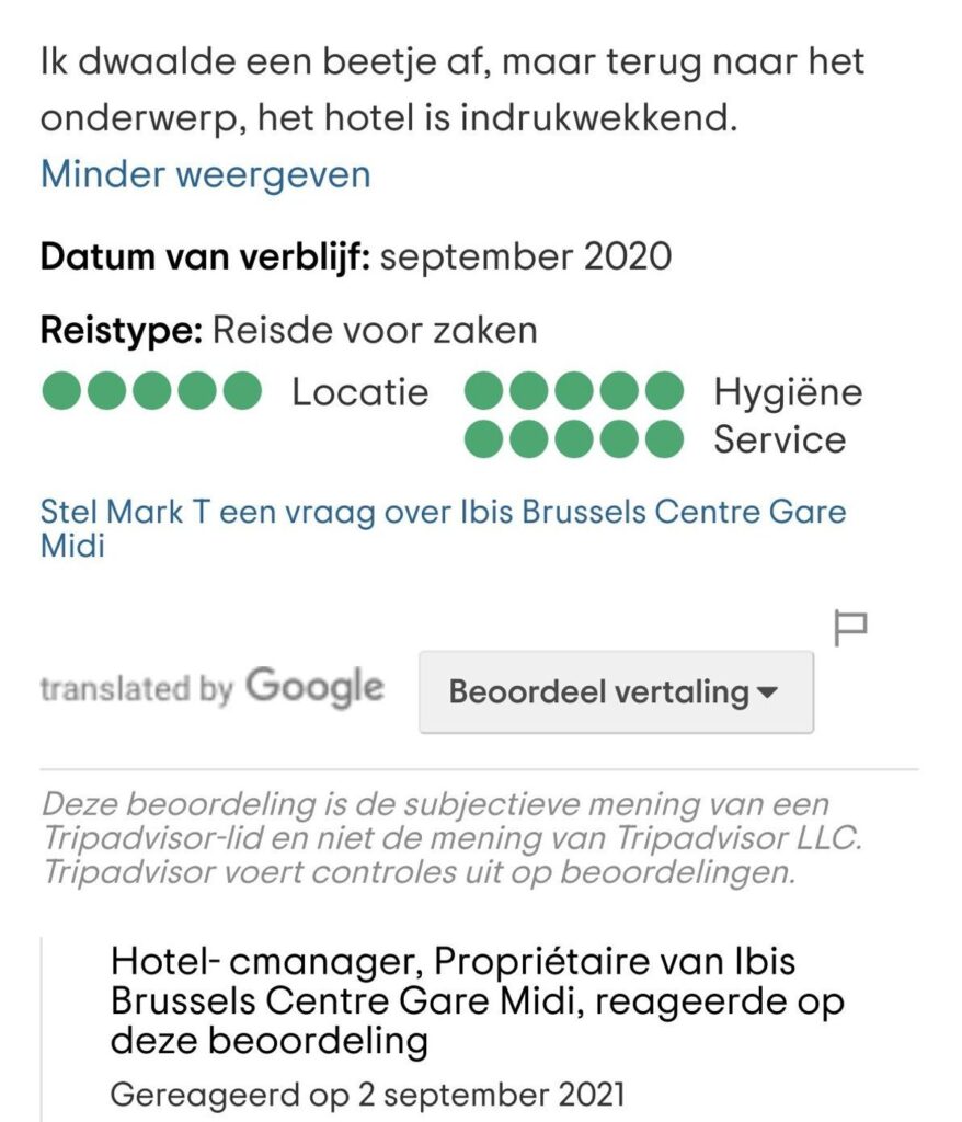 Gast schrijft review over hotel in Brussel maar heeft het eigenlijk vooral over 'dames van plezier' 