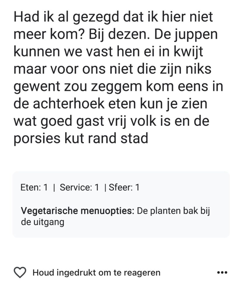 Achterhoeker ergert zich aan het verplichte Engels in Amsterdams restaurant en laat review achter