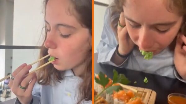 Dame gaat voor het eerst sushi eten en weet niet wat wasabi is….