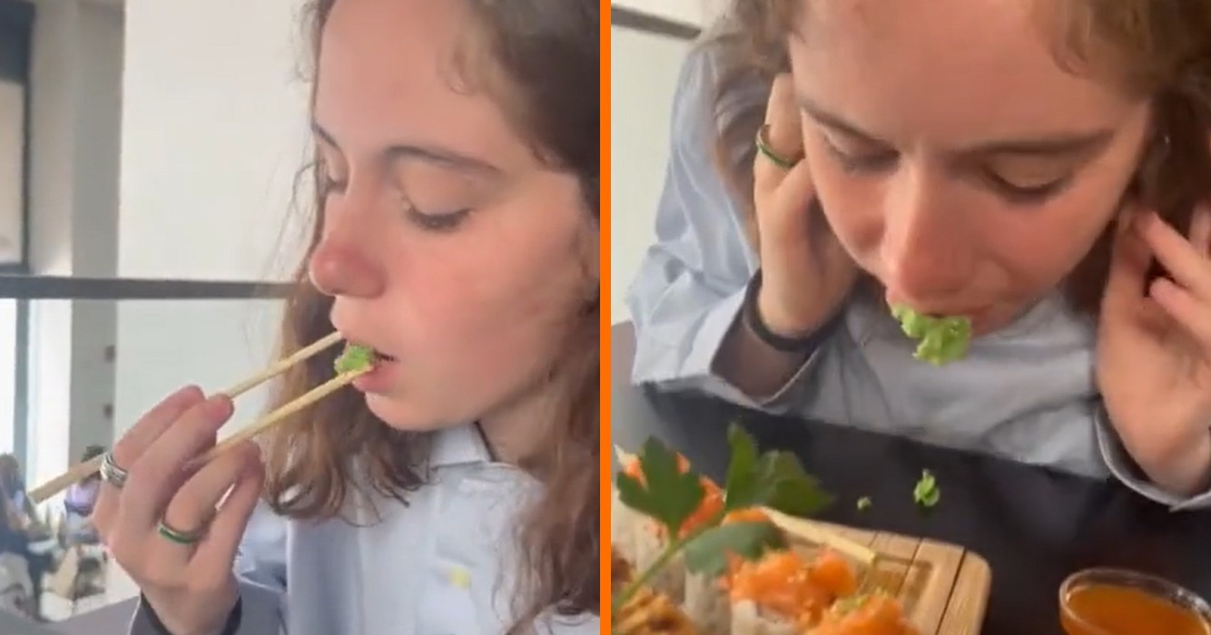 Dame gaat voor het eerst sushi eten en weet niet wat wasabi is….