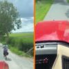 Eigenwijze fietser vertikt het om opzij te gaan voor tractor