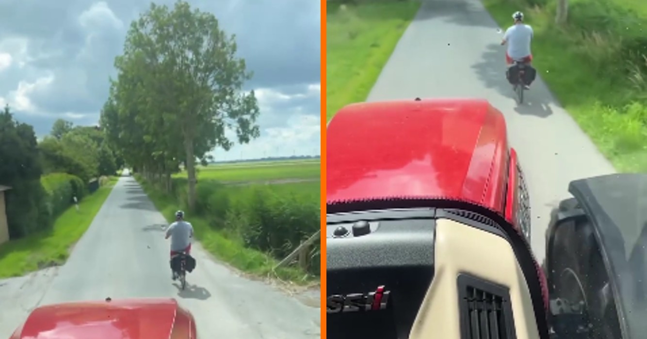 Eigenwijze fietser vertikt het om opzij te gaan voor tractor