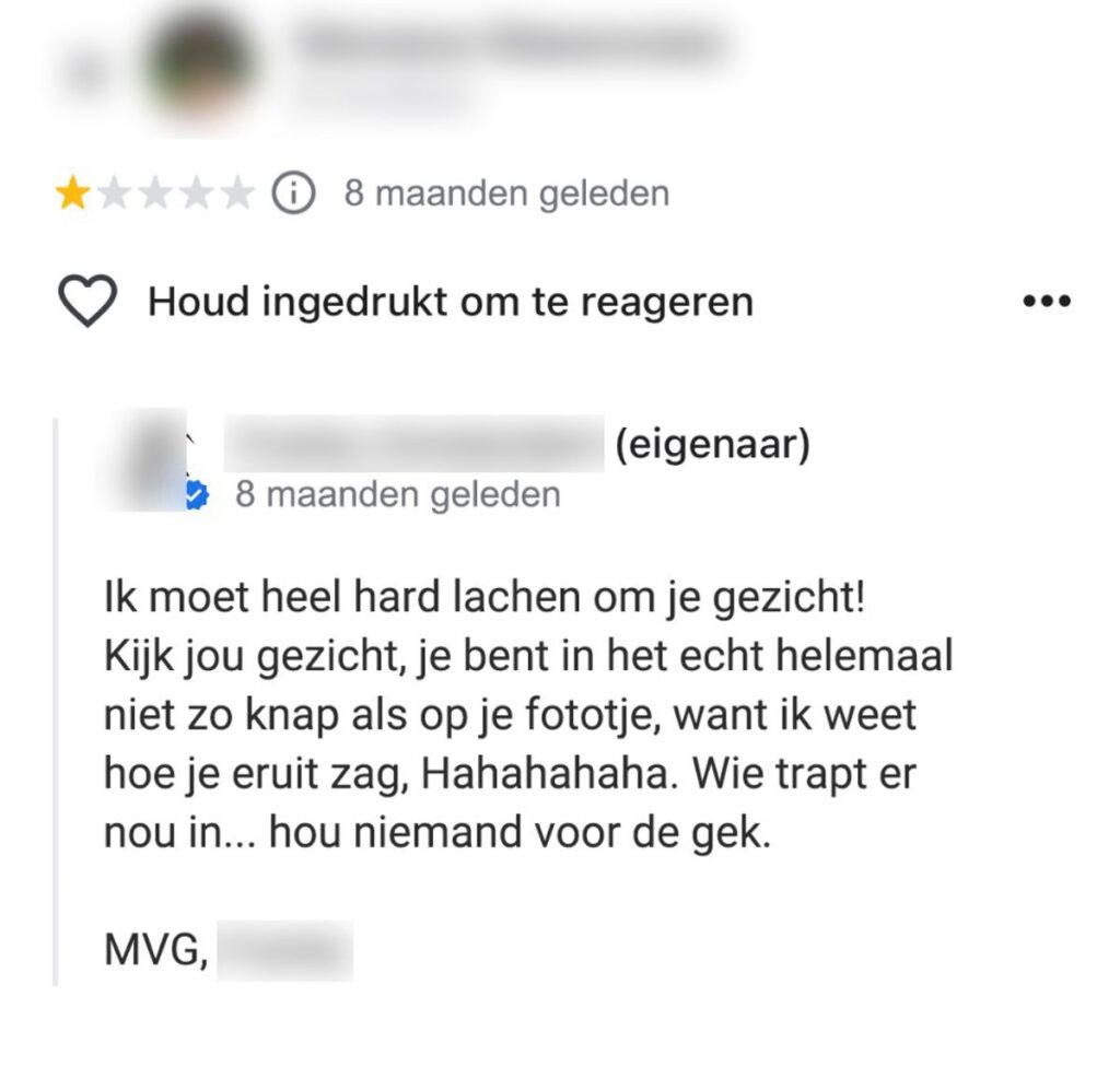 Snackbareigenaar is het niet eens met 1 ster-reviews en gaat in de tegenaanval