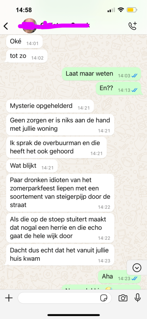 buurman waarschuwt buren die op vakantie zijn voor vreemde geluiden en eist gelijk een vergoeding