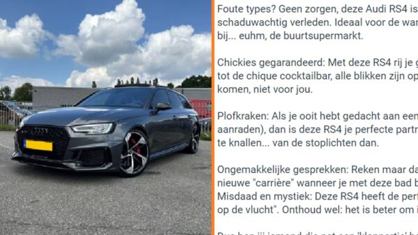 Absurde Marktplaatsadvertentie voor Audi RS4 gaat viral: 'Voor wannabee-gangsters, chickies gegarandeerd