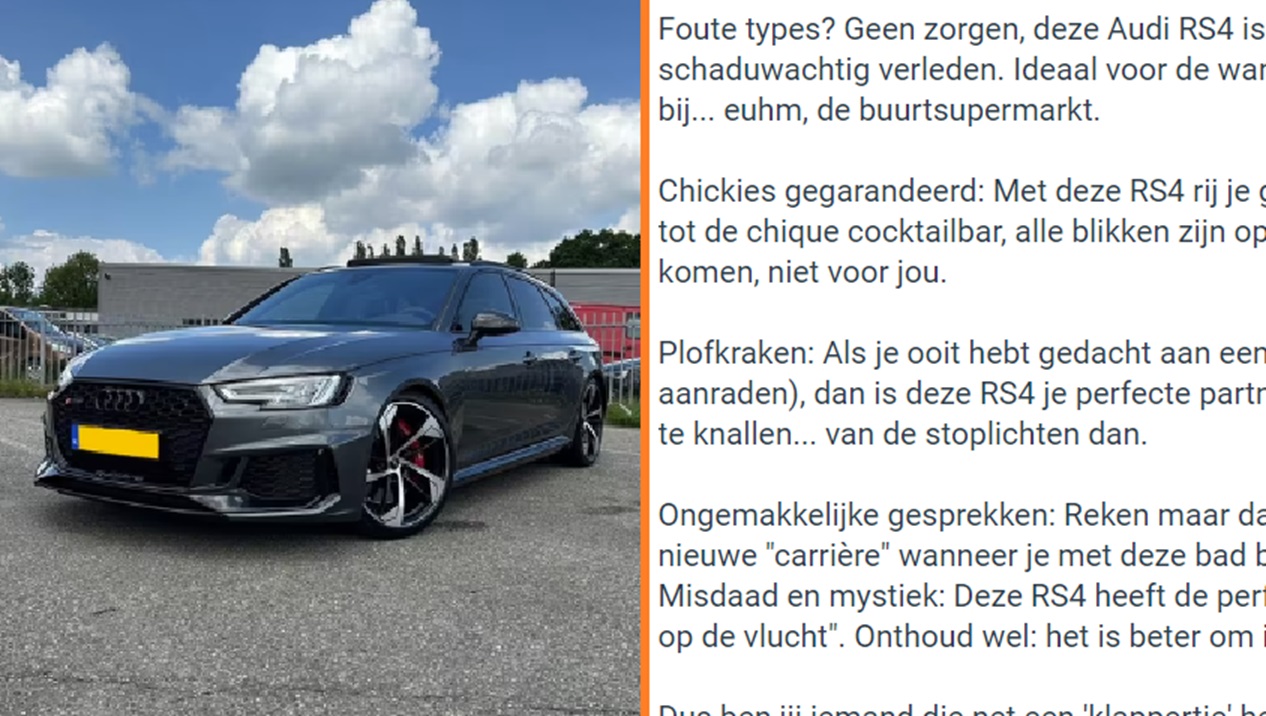 Absurde Marktplaatsadvertentie voor Audi RS4 gaat viral: 'Voor wannabee-gangsters, chickies gegarandeerd