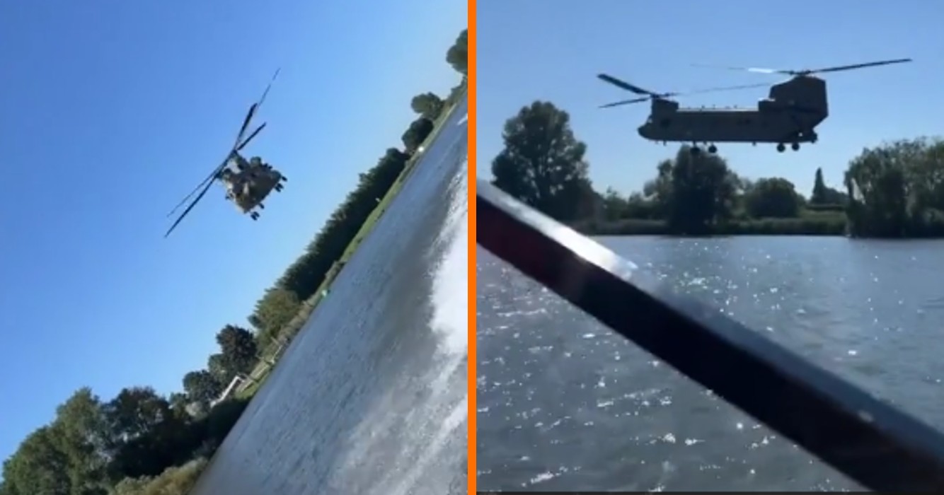 Chinook-helikopter daagt speedboot uit voor een race op de Maas