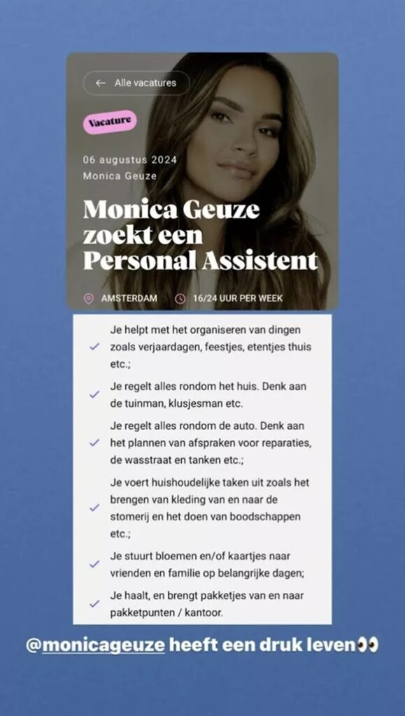 Monica Geuze zoekt 'personal assistent': 'Minimaal 3 jaar ervaring en 500 euro salaris per maand'