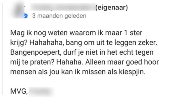 Snackbareigenaar is het niet eens met 1 ster-reviews en gaat vol in de tegenaanval