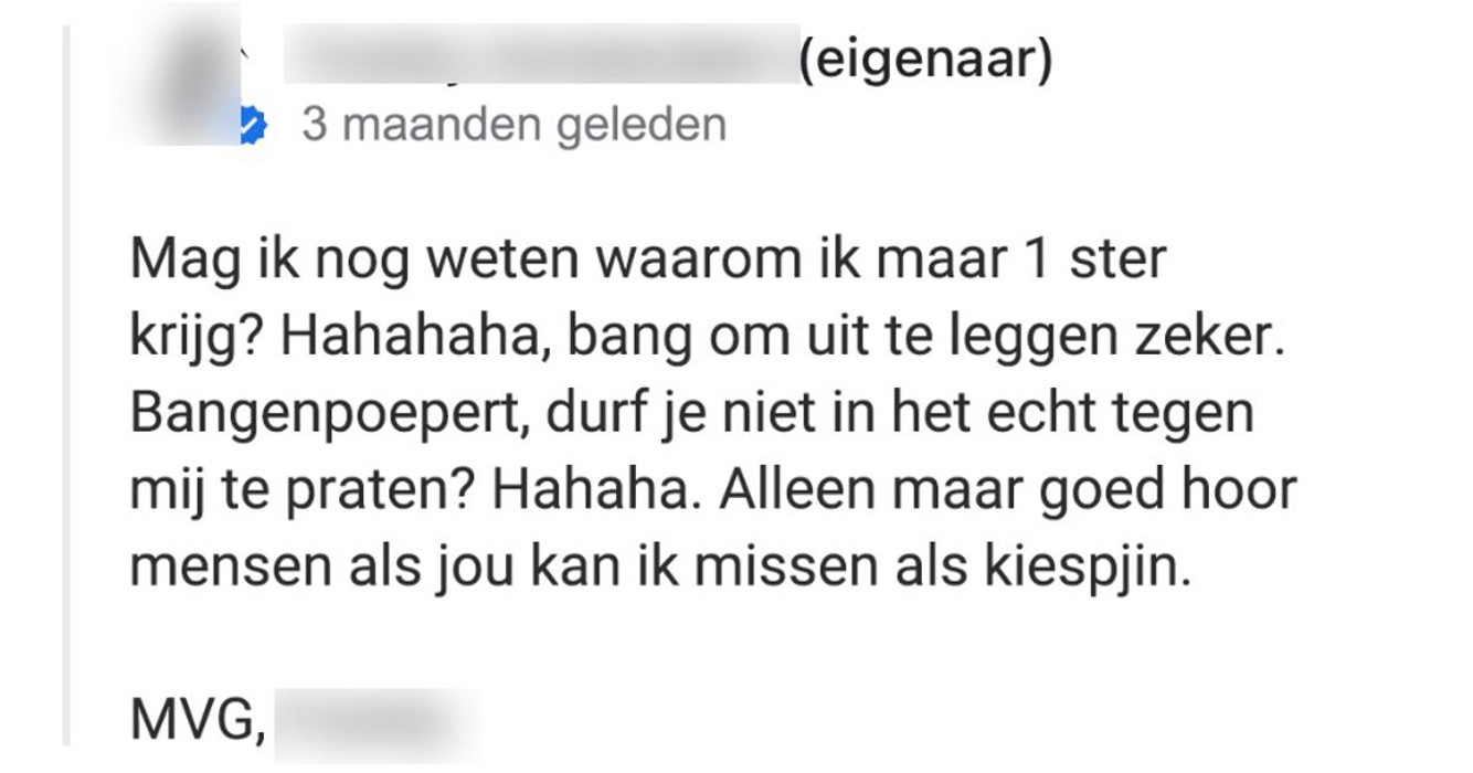 Snackbareigenaar is het niet eens met 1 ster-reviews en gaat vol in de tegenaanval