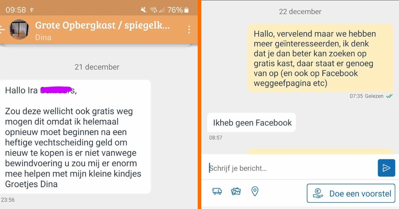 Vrouw woedend omdat ze Marktplaats-kast niet gratis krijgt