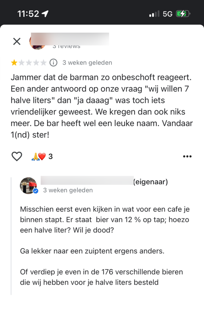 De reactie van de biercafe eigenaar