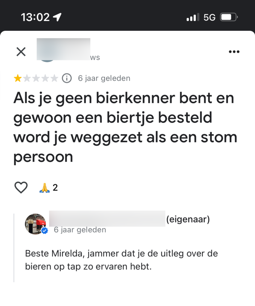 De reactie van de biercafe eigenaar