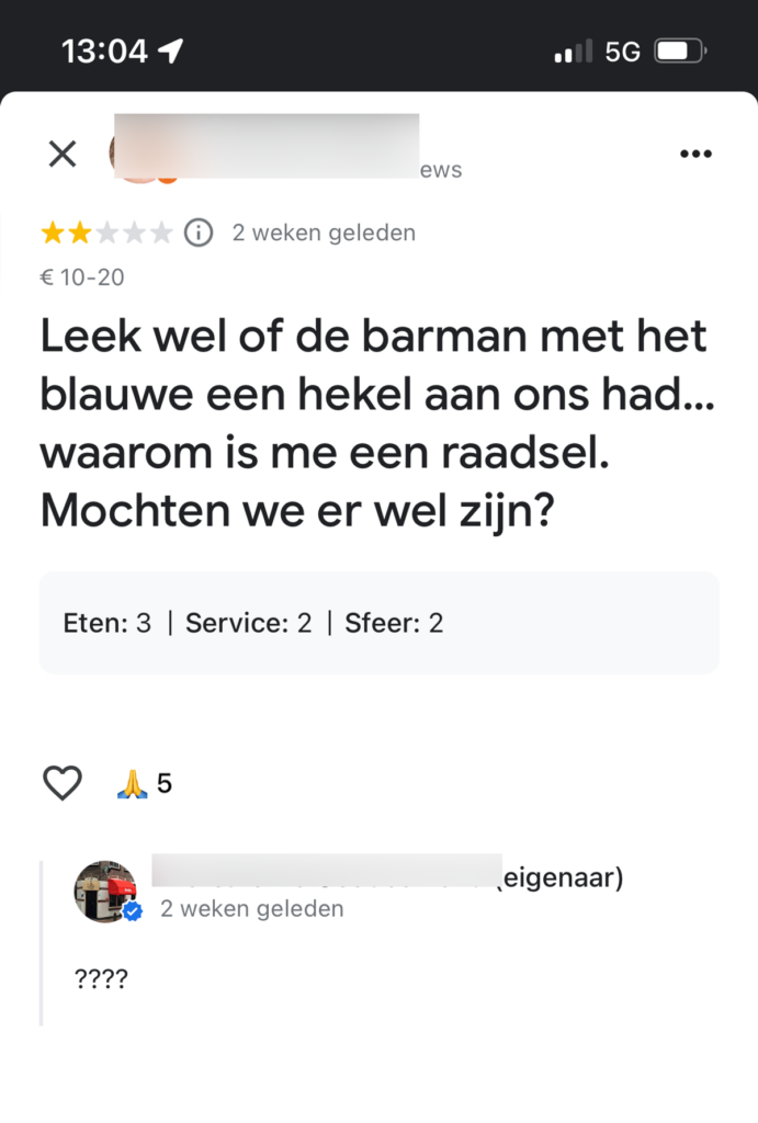 De reactie van de biercafe eigenaar