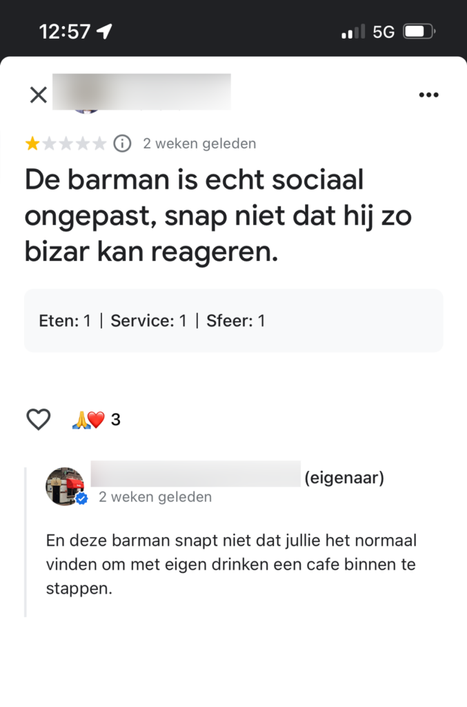 De reactie van de biercafe eigenaar