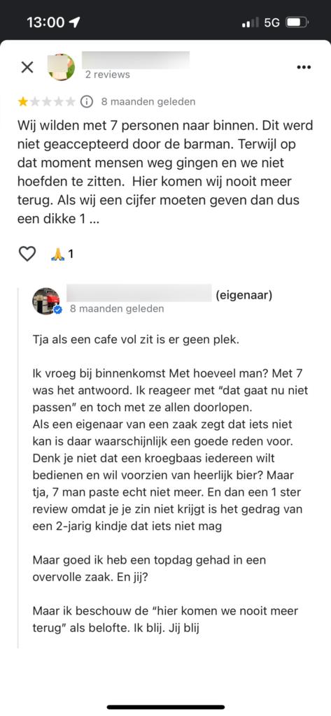 De reactie van de biercafe eigenaar