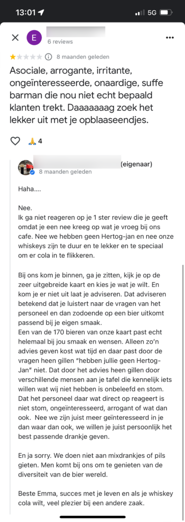 De reactie van de biercafe eigenaar