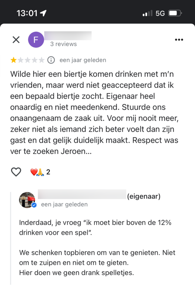 De reactie van de biercafe eigenaar