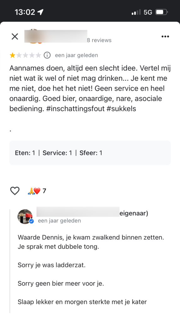 De reactie van de biercafe eigenaar