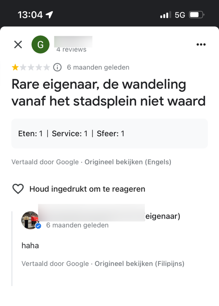 De reactie van de biercafe eigenaar