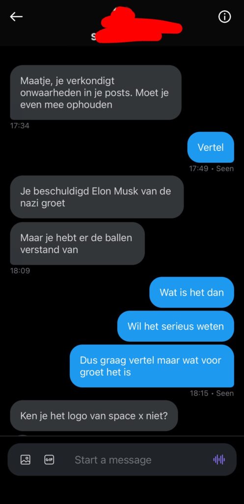 vriend van Elon Musk screenshot gesprek