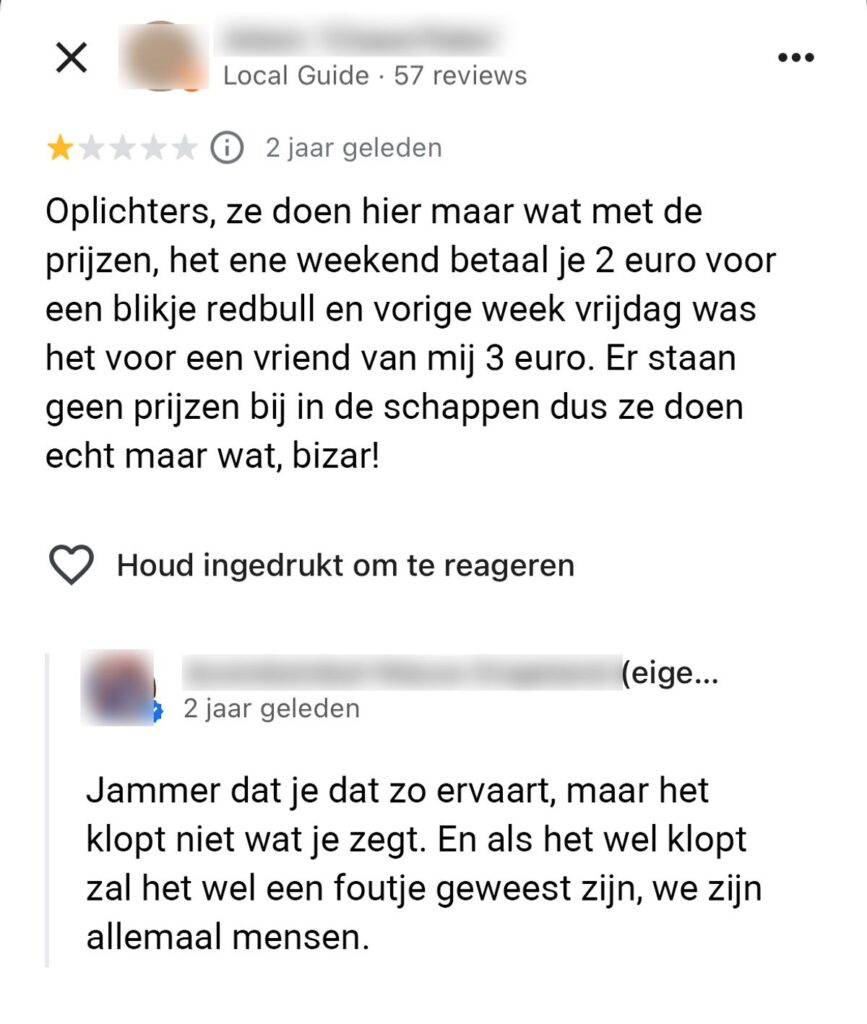 Eigenaar avondwinkel heeft geen zin in kritiek en slaat keihard terug na slechte review