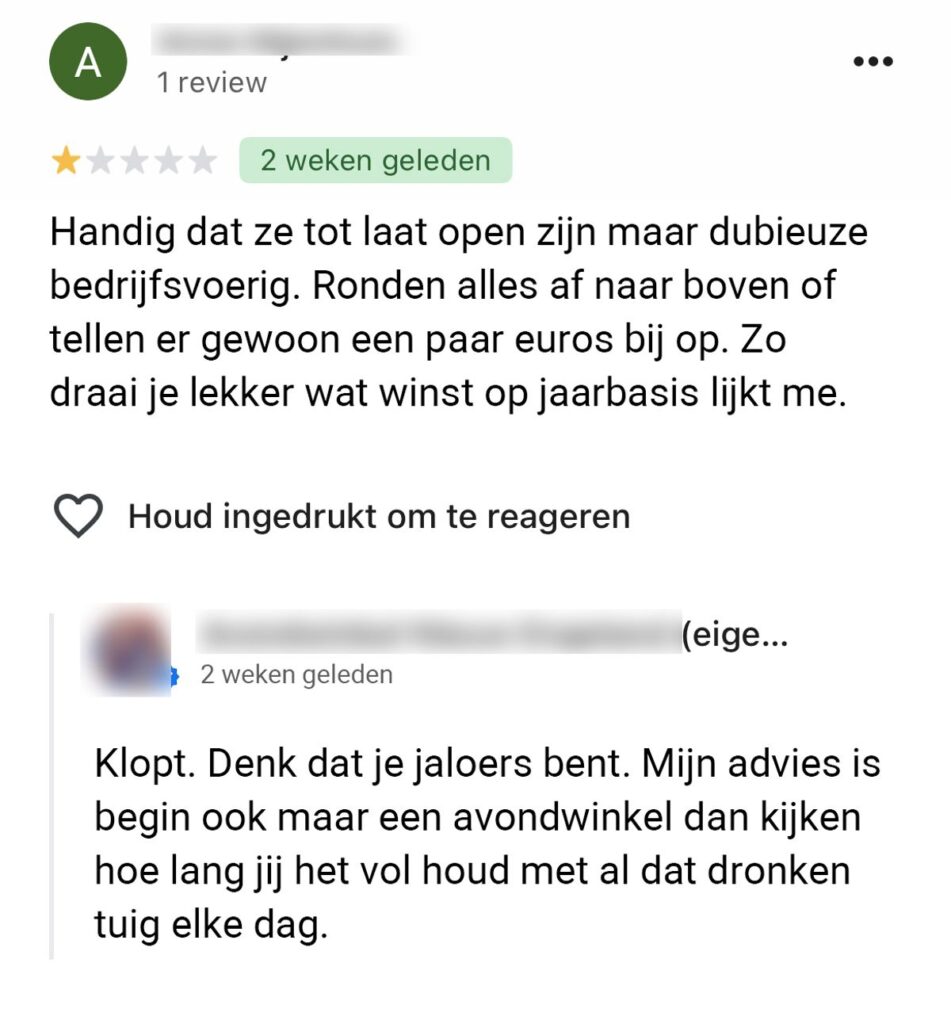 Eigenaar avondwinkel heeft geen zin in kritiek en slaat keihard terug na slechte review