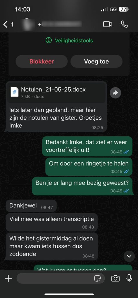 Gast krijgt vergaderingnotulen van onbekend nummer: