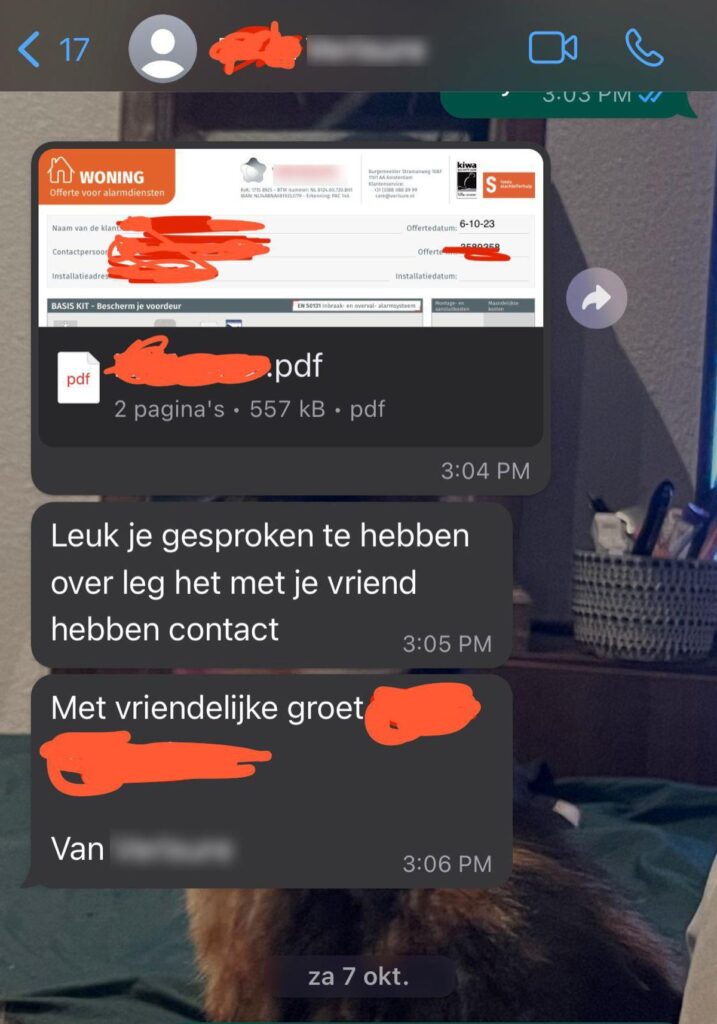Niet al te professionele verkoper van alarmsystemen probeert klanten te versieren via Whatsapp