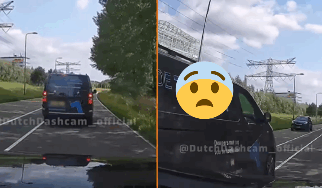Droeftoeter in bedrijfsbusje begint te schelden na levensgevaarlijke inhaalactie en brake check