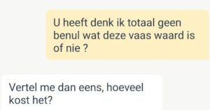 Marktplaatsgesprek loopt uit de hand omdat verkoper 3000% winst probeert te maken op vaas uit kringloopwinkel