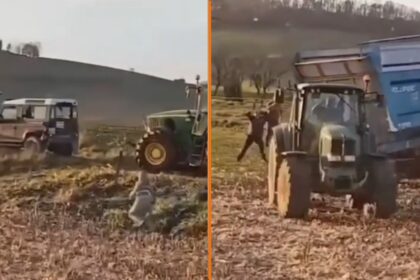 Boer heeft geen zin in jagers die auto op zijn land parkeren en neemt wraak met zijn tractor