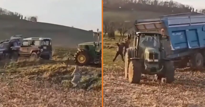 Boer heeft geen zin in jagers die auto op zijn land parkeren en neemt wraak met zijn tractor