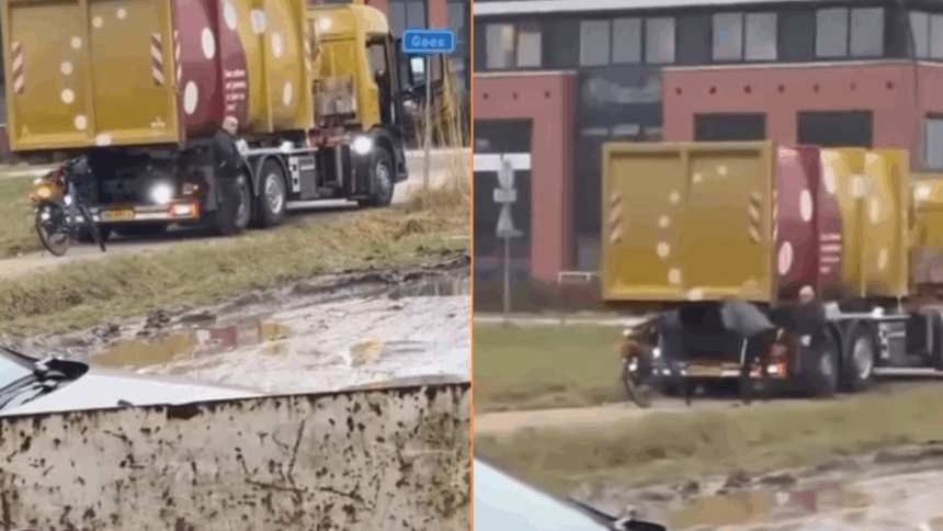 Vrachtwagenchauffeur knikkert fietser die niet opzij wil gaan de sloot in