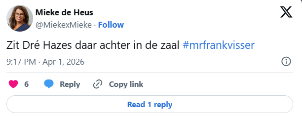 Mr. Frank Visser-kijkers ontdekken overleden legende in het publiek: 'Baas!'