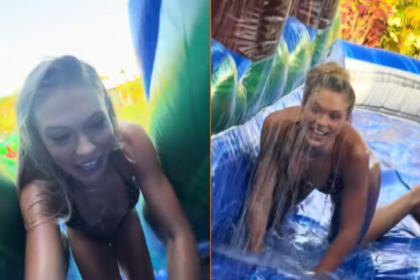 Jutta Leerdam glijdt van waterglijbaan af, filmpje gaat knetterviraal 