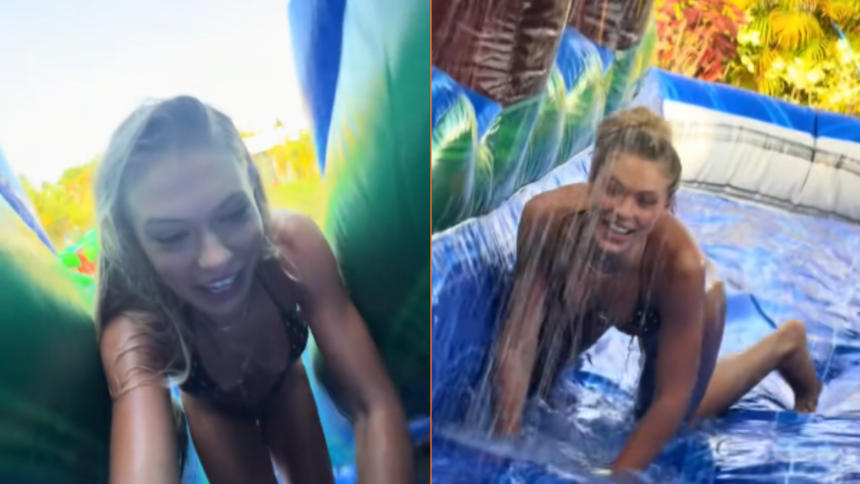 Jutta Leerdam glijdt van waterglijbaan af, filmpje gaat knetterviraal 