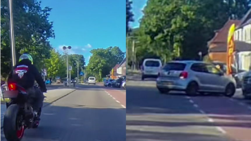 Motorrijder krijgt break-check van provocerende VW Polo, bestuurder krijgt al snel spijt 