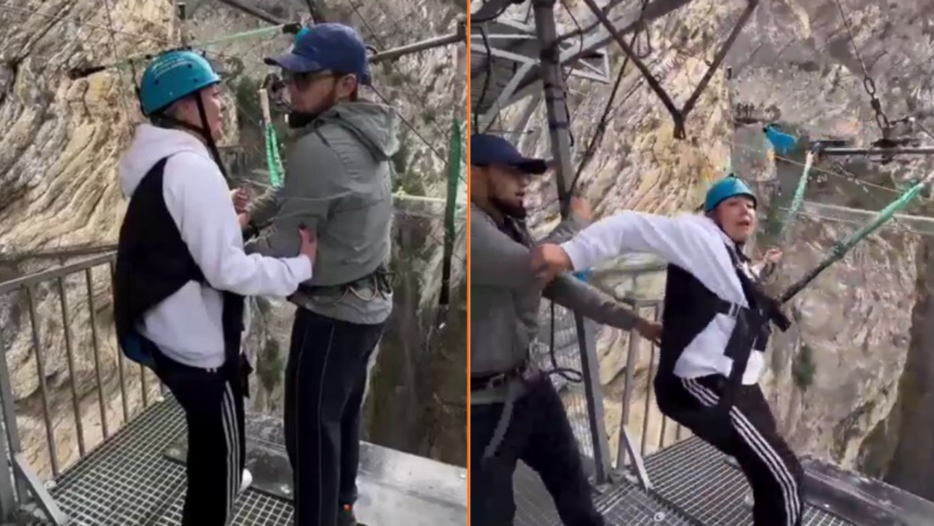 Ophef om beelden uit Rusland van zipline-instructeurs die doodsbange vrouw hardhandig naar beneden gooien