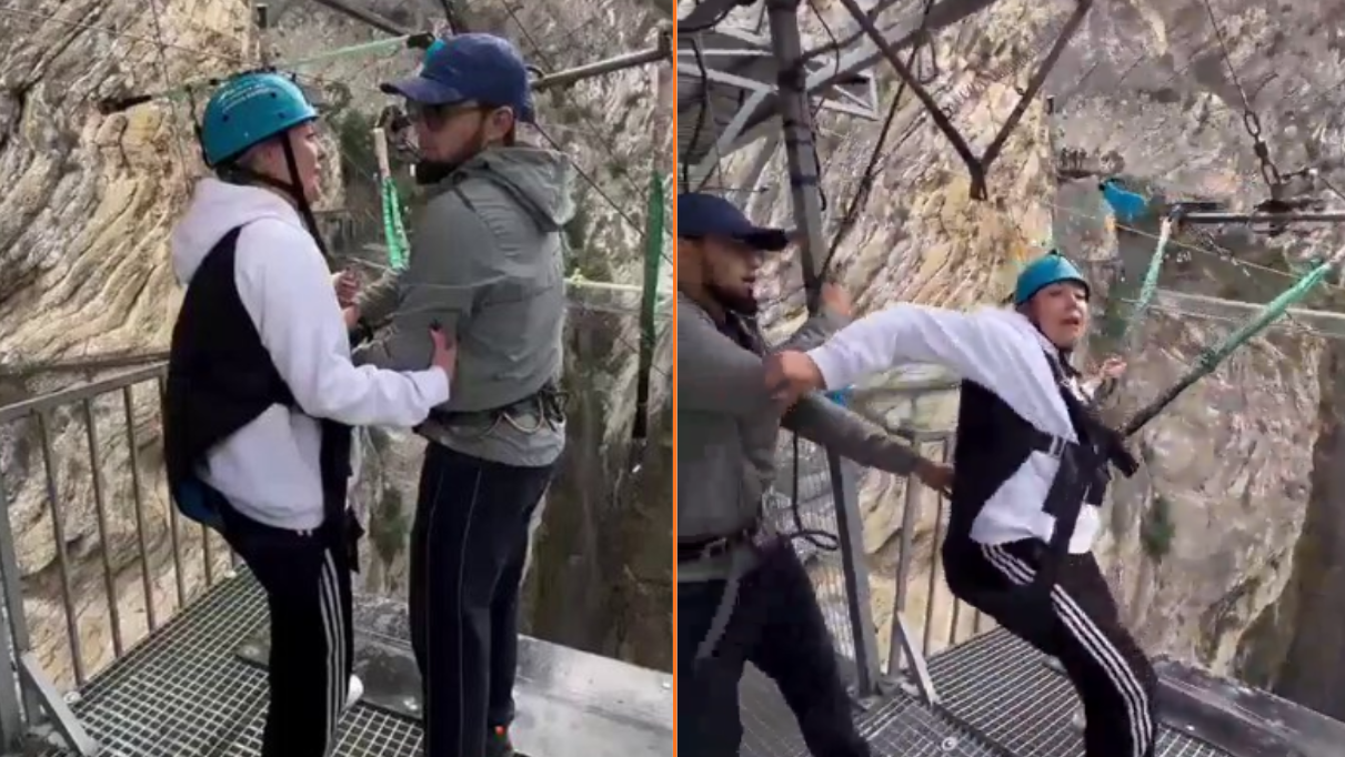 Ophef om beelden uit Rusland van zipline-instructeurs die doodsbange vrouw hardhandig naar beneden gooien
